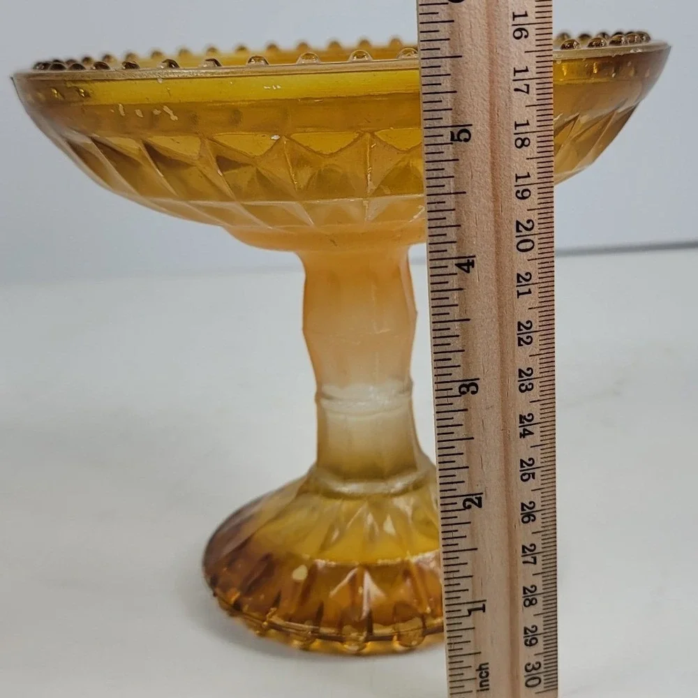 Vintage Amber Glass Pedestal Compote Dish Beaded Rim Diamond Cut Candy Bowl 4.5